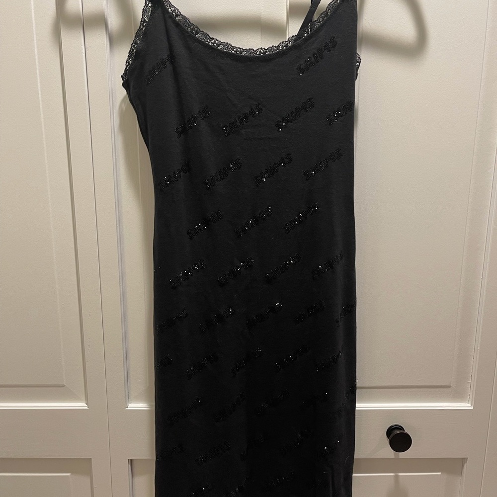 SKIMS NWT Rhinestone Logo Pointelle Mini Slip Dress Onyx - Picture 2 of 5